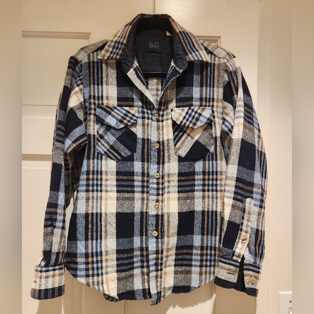 SEARS Plaid Shirt Blue and Tan Mens Size M Vintage